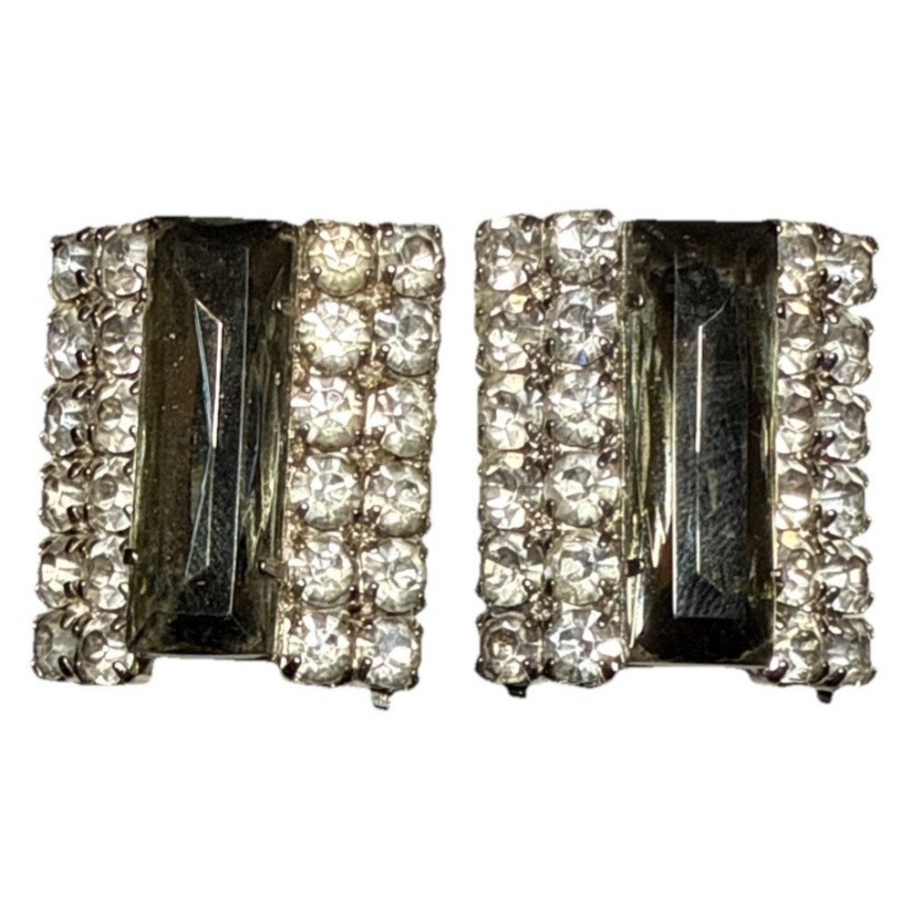 Vintage Large Black And Clear Rhinestone Clip On Earrings J17-14